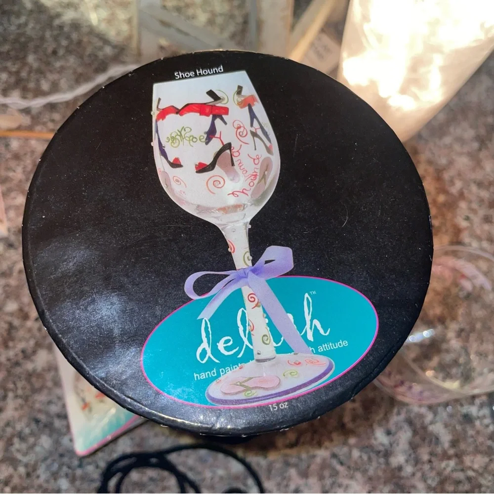 Vintage Lolita Hand-Painted Wine Glass w/Gift Box-Shoe Hound theme. Hand painted
